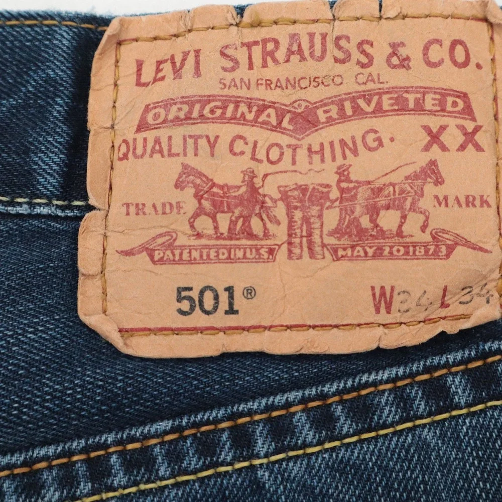 Levis 501 Original Fit Mens Jeans 34x34 Dark Blue Denim Button Fly Straight Leg